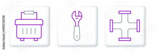 Set line Industry metallic pipe, Toolbox and Wrench spanner icon. Vector