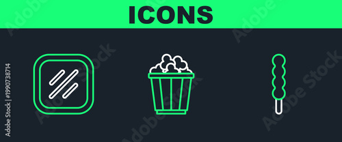 Set line Lollipop, Steak meat and Popcorn in box icon. Vector