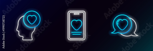 Set line Heart in speech bubble, Head with heart and Online dating app and chat icon. Glowing neon. Vector
