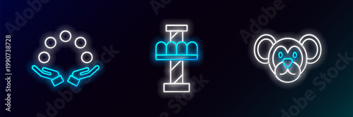 Set line Monkey, Juggling ball and Attraction carousel icon. Glowing neon. Vector