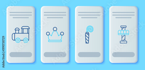 Set line Jester hat with bells, Birthday party horn, Toy train and Attraction carousel icon. Vector