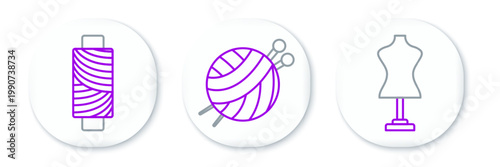 Set line Mannequin, Sewing thread on spool and Yarn ball with knitting needles icon. Vector