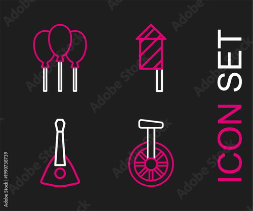 Set line Unicycle or one wheel bicycle, Balalaika, Firework rocket and Balloons with ribbon icon. Vector