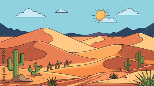 Desert dunes stretch across the horizon as a caravan of camels travels through the arid landscape under a bright sun and clear sky.