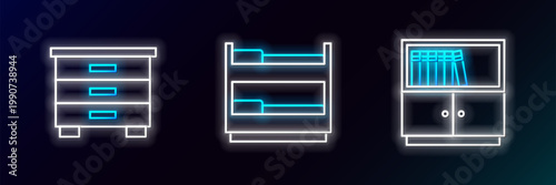 Set line Library bookshelf, Furniture nightstand and Bunk bed icon. Glowing neon. Vector