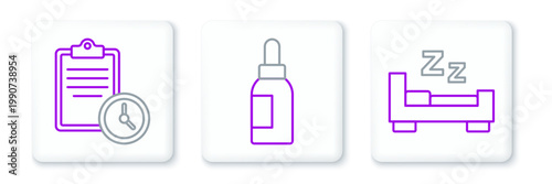 Set line Time to sleep, Sport training program and Essential oil bottle icon. Vector