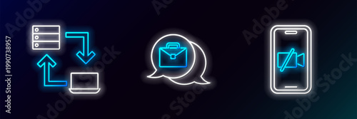 Set line Video camera Off on mobile, Online working and icon. Glowing neon. Vector