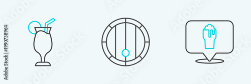 Set line Alcohol or beer bar location, Cocktail and Wooden barrel icon. Vector