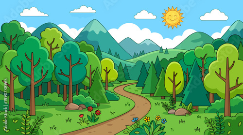 Mountain path meanders through a whimsical forest filled with lush green trees and colorful wildflowers under a smiling sun.