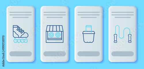Set line Shooting gallery, Sand bucket, Roller skate and Jump rope icon. Vector