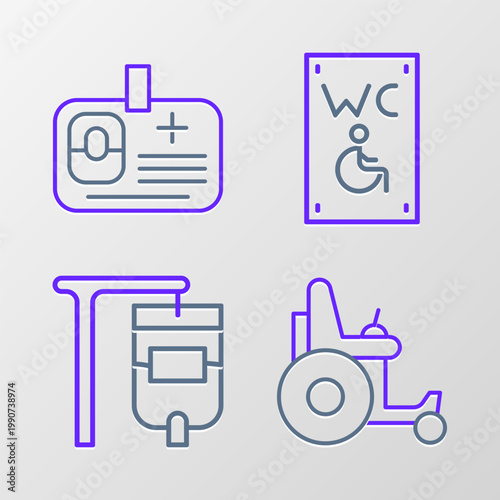 Set line Electric wheelchair, IV bag, Separated toilet for disabled and Identification badge icon. Vector