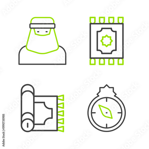 Set line Qibla, Traditional carpet, and Muslim woman in niqab icon. Vector