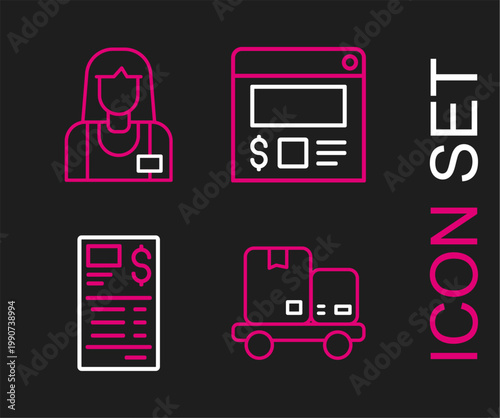 Set line Hand truck and boxes, Paper or financial check, Online ordering delivery and Seller icon. Vector