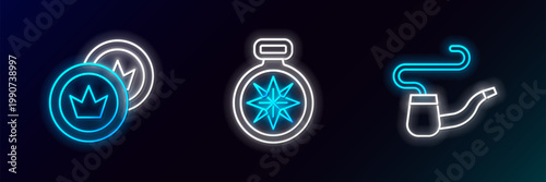 Set line Smoking pipe, Pirate coin and Compass icon. Glowing neon. Vector