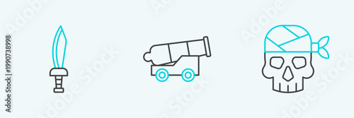 Set line Pirate captain, sword and Cannon icon. Vector