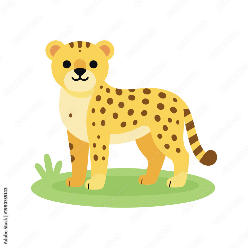 Fototapeta premium Cartoon cheetah standing on grass in a simplistic vector illustration style