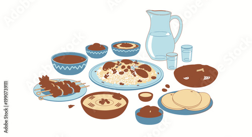 Traditional Arabic Food Assortment on Table for Ramadan Iftar Dinner Celebration Illustration