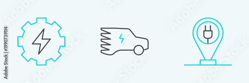 Set line Charging parking electric car, Gear and lightning and Electric icon. Vector