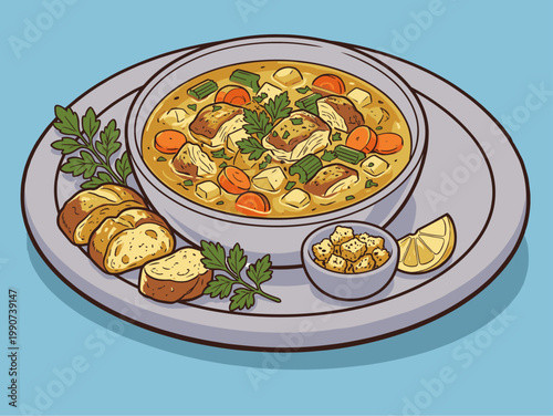 Chicken Soup Bowl with Vegetables and Bread Illustration