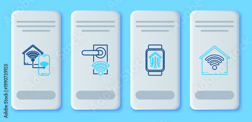 Set line Digital door lock with wireless technology for unlock, Smart home smart watch, wi-fi and icon. Vector