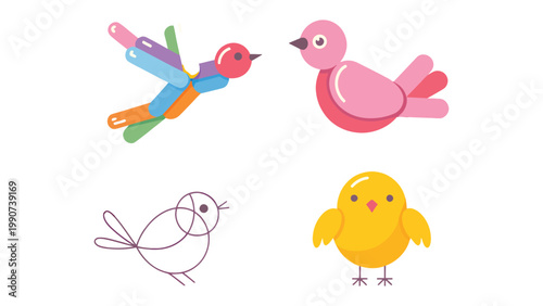 Playful Birds Illustration: A whimsical illustration showcases a collection of cheerful bird designs, capturing a sense of creativity and lightheartedness.