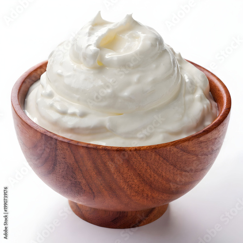 greek yogurt in wooden bowl isolated on white back