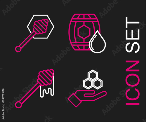 Set line Honeycomb and hand, dipper stick with dripping honey, Wooden barrel and icon. Vector