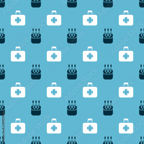 Set Cotton swab for ears and First aid kit on seamless pattern. Vector