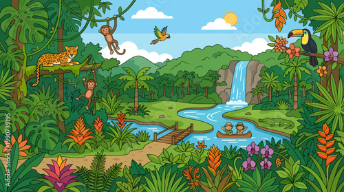 Jungle adventure scene depicting two explorers in a small canoe on a river near a leopard and monkeys in the trees under a bright sun.