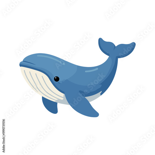 Adorable cartoon whale swims peacefully through the deep blue ocean water