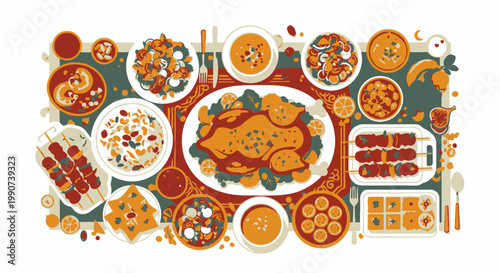 Thanksgiving Roasted Turkey Dinner Feast Served on Festive Table Flat Lay Illustration