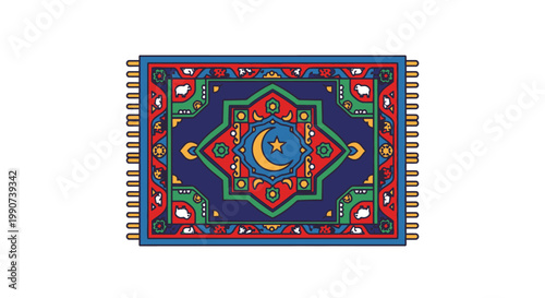 Traditional Islamic Prayer Mat Illustration with Crescent Moon and Star for Ramadan Celebration