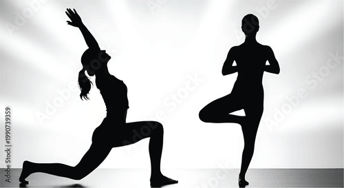 Silhouette of a man and woman practicing yoga poses on a beach at sunset