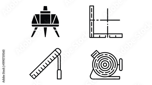 Construction Tool Icons: A set of essential construction tools, each icon representing the core elements required for accurate measurement, leveling, and marking in construction projects.