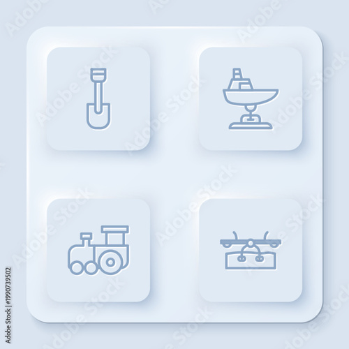 Set line Shovel toy, Swing boat, Toy train and Seesaw. White square button. Vector