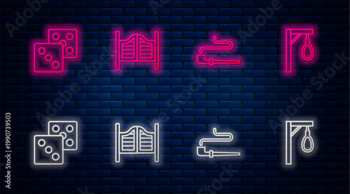 Set line Saloon door, Smoking pipe, Game dice and Gallows. Glowing neon icon on brick wall. Vector