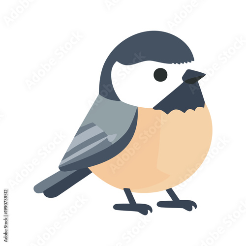 Cute chickadee bird perched on a white surface in minimalist vector style