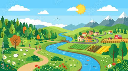 Agricultural farmland shows hikers walking along a trail near a flowing river and colorful crop fields situated in a vibrant summer valley.