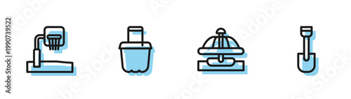 Set line Attraction carousel, Basketball backboard, Sand in bucket and Shovel toy icon. Vector