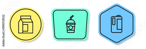 Set line Paper package for milk, Milkshake and in plastic bottle. Colored shapes. Vector