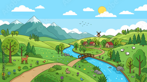 Mountainous valley scenery displays a flowing river crossed by a wooden bridge while deer and rabbits inhabit the lush grassy meadows near a quaint town.