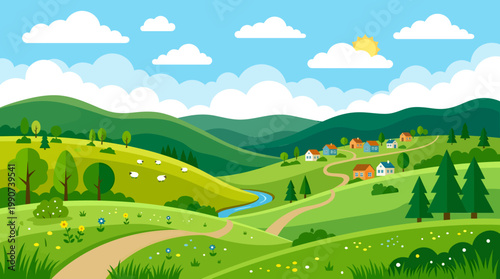 Rural village nestles among verdant hills as a winding road meanders past a gentle river flowing through the peaceful valley landscape.