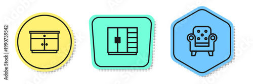 Set line Furniture nightstand, Wardrobe and Armchair. Colored shapes. Vector
