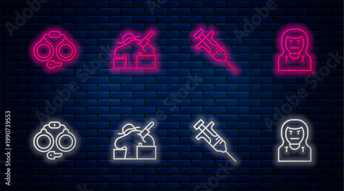 Set line Murder, Syringe, Handcuffs and Thief mask. Glowing neon icon on brick wall. Vector