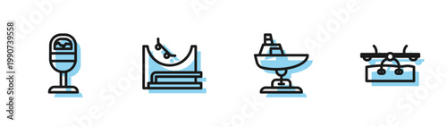 Set line Swing boat, Trash can, Skate park and Seesaw icon. Vector
