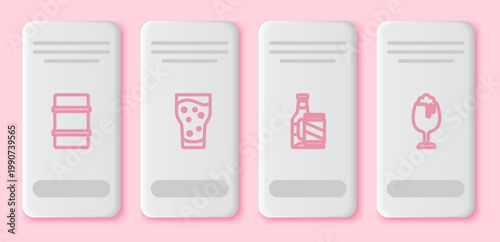 Set line Metal beer keg, Glass of, Beer bottle and can and . White rectangle button. Vector
