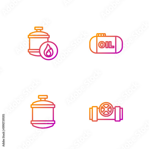 Set line Metallic pipes and valve, Propane gas tank, and Oil storage. Gradient color icons. Vector