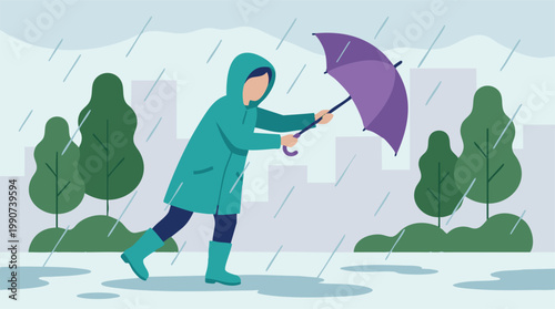 Person in raincoat and boots holding an umbrella in heavy rain