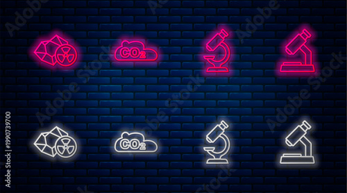 Set line CO2 emissions in cloud, Microscope, Radioactive and . Glowing neon icon on brick wall. Vector