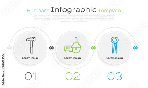 Set line Claw hammer, Angle grinder and Pincers and pliers. Business infographic template. Vector